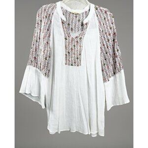 Indigo Rose 2XL (Fits L/XL) White Peasant Top Gauze Floral Boho Poly Blend EUC